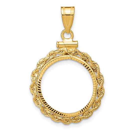 14K Yellow Gold 16.5 mm Coin Bezel Holder Pendant Charm Diamond Cut Rope Edge 1/10 oz American Eagle Krugerrand Screw Top