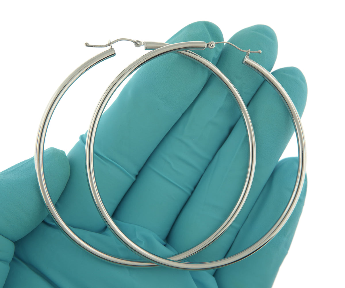 14k white gold large classic round hoop earrings 66mm x 2.5mm