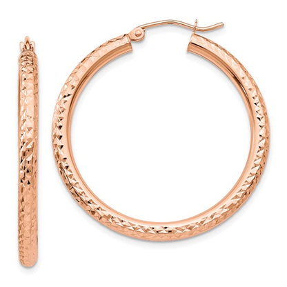14k rose gold diamond cut classic round hoop textured earrings 36mm x 3mm