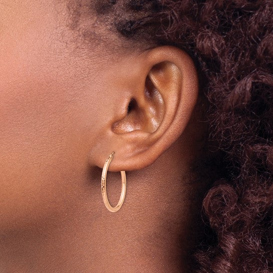10k Rose Gold Diamond Cut Round Hoop Earrings 25mm x 2mm