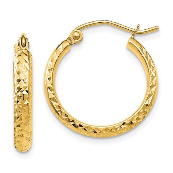 14k yellow gold diamond cut round hoop earrings 18mm x 2.5mm