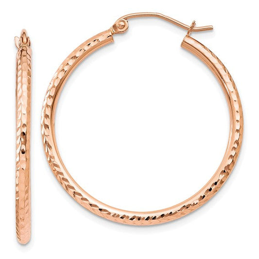 10k rose gold diamond cut round hoop earrings 29mm x 2mm