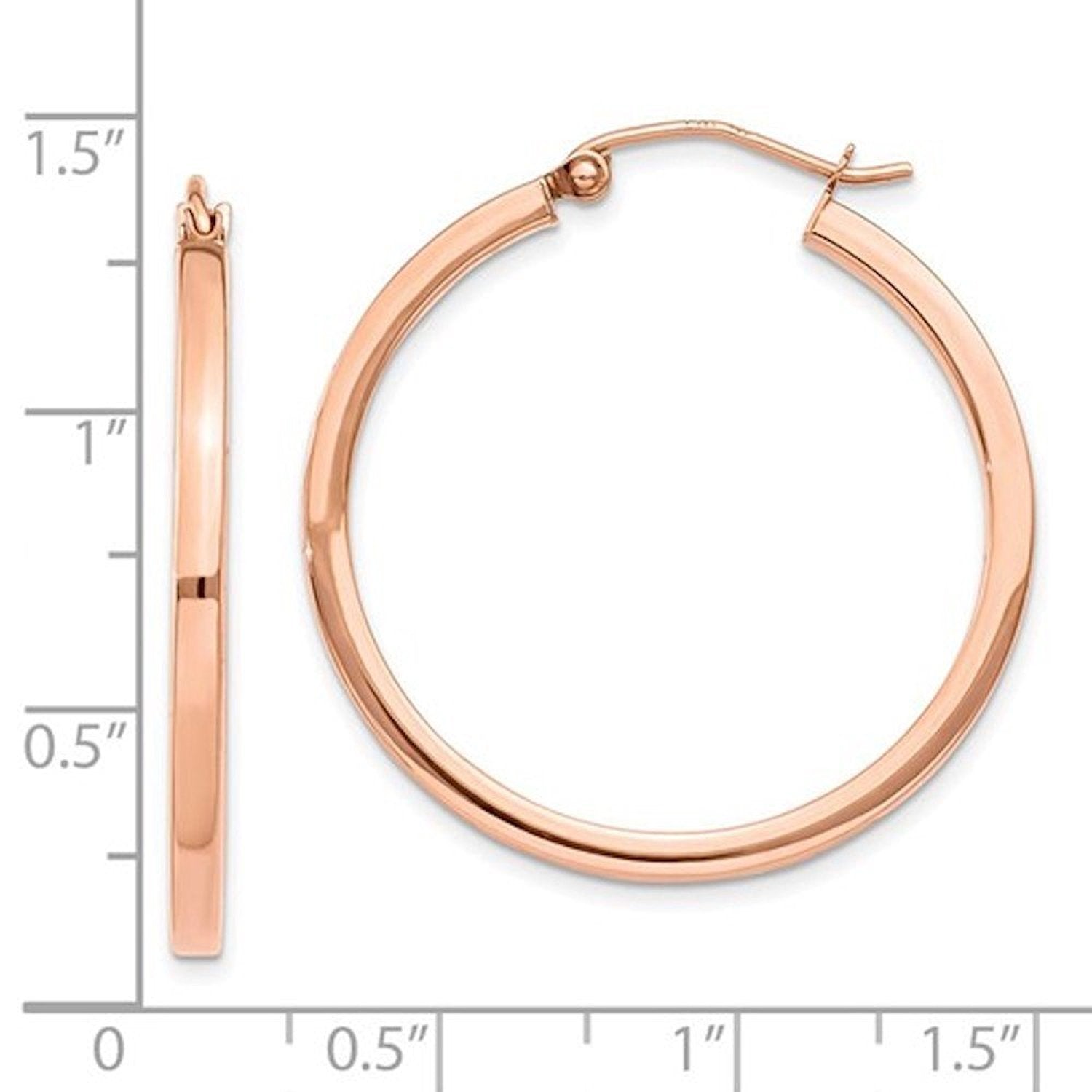 14K Rose Gold Classic Square Tube Round Hoop Earrings 30mm x 2mm