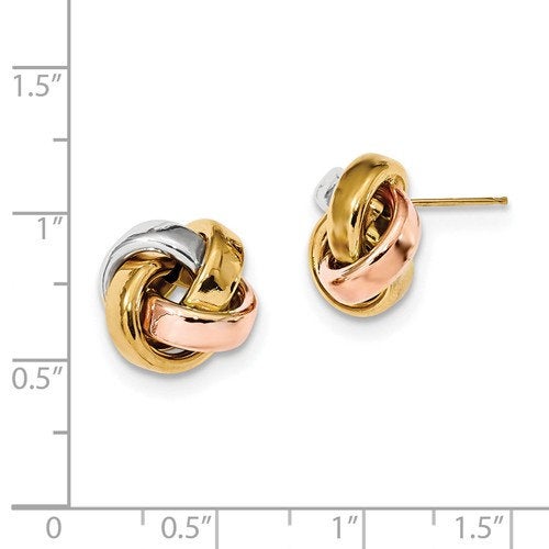 14k gold tri color 14mm love knot post earrings