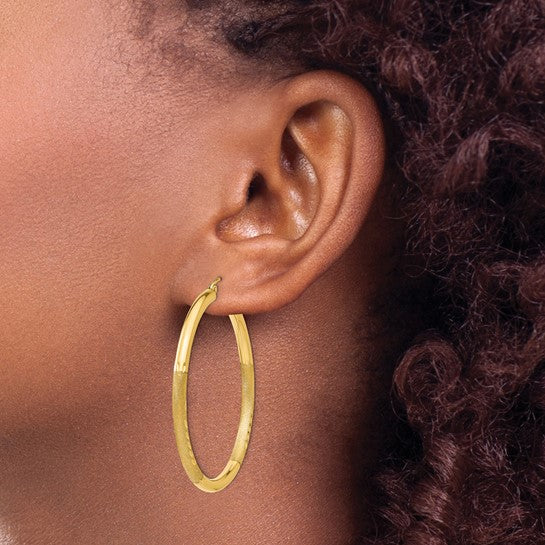 10K Yellow Gold Satin Diamond Cut Round Hoop Earrings 47mm x 3mm