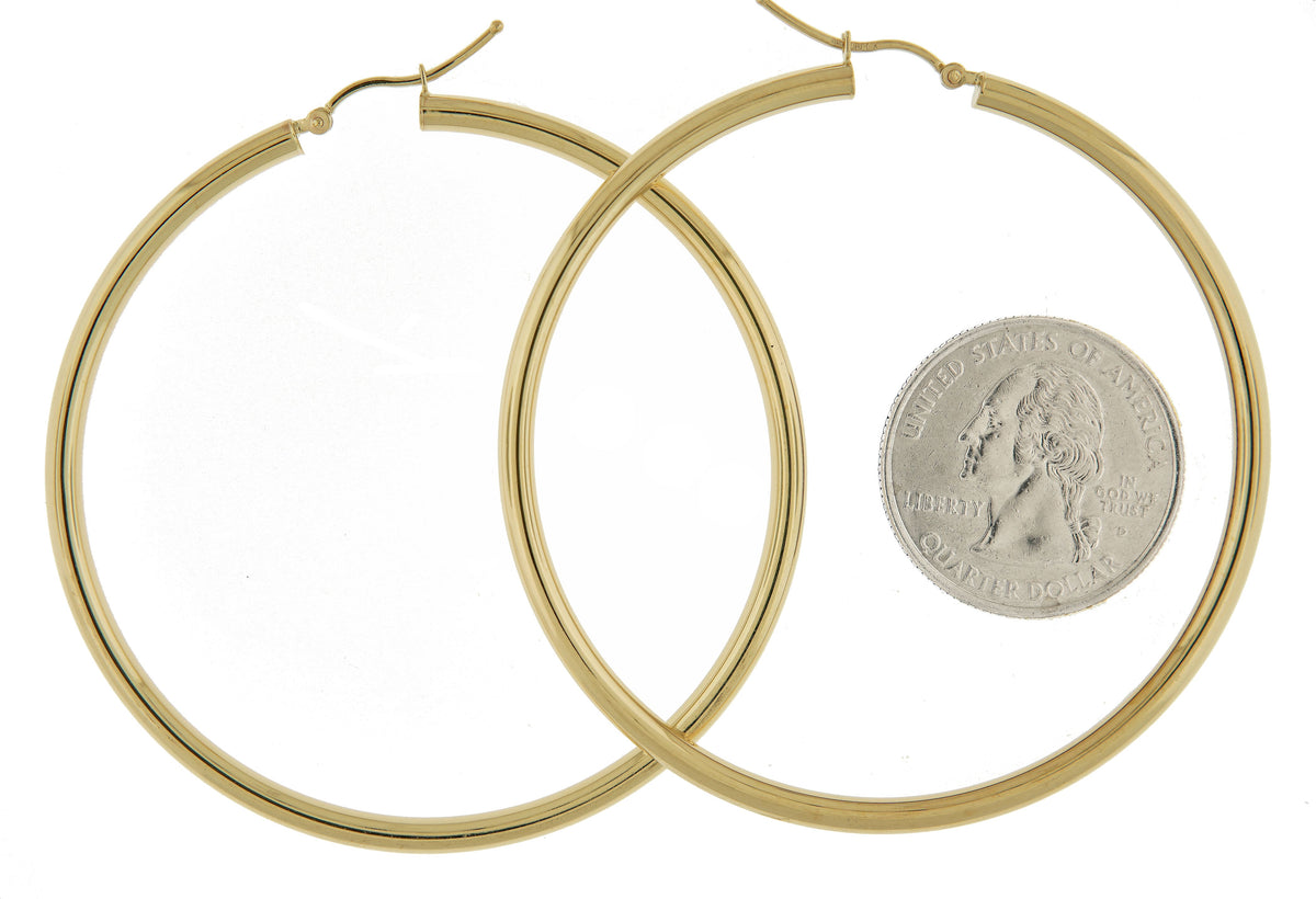 10k yellow gold classic round hoop earrings 60mm x 3mm