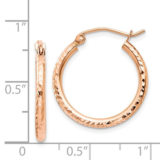 14k rose gold diamond cut textured classic round hoop earrings 20mm x 2mm