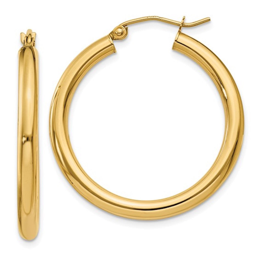 14K Yellow Gold 30mm x 3mm Lightweight Classic Round Hoop Earrings