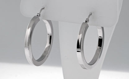 14k white gold square tube round hoop earrings 30mm x 3mm