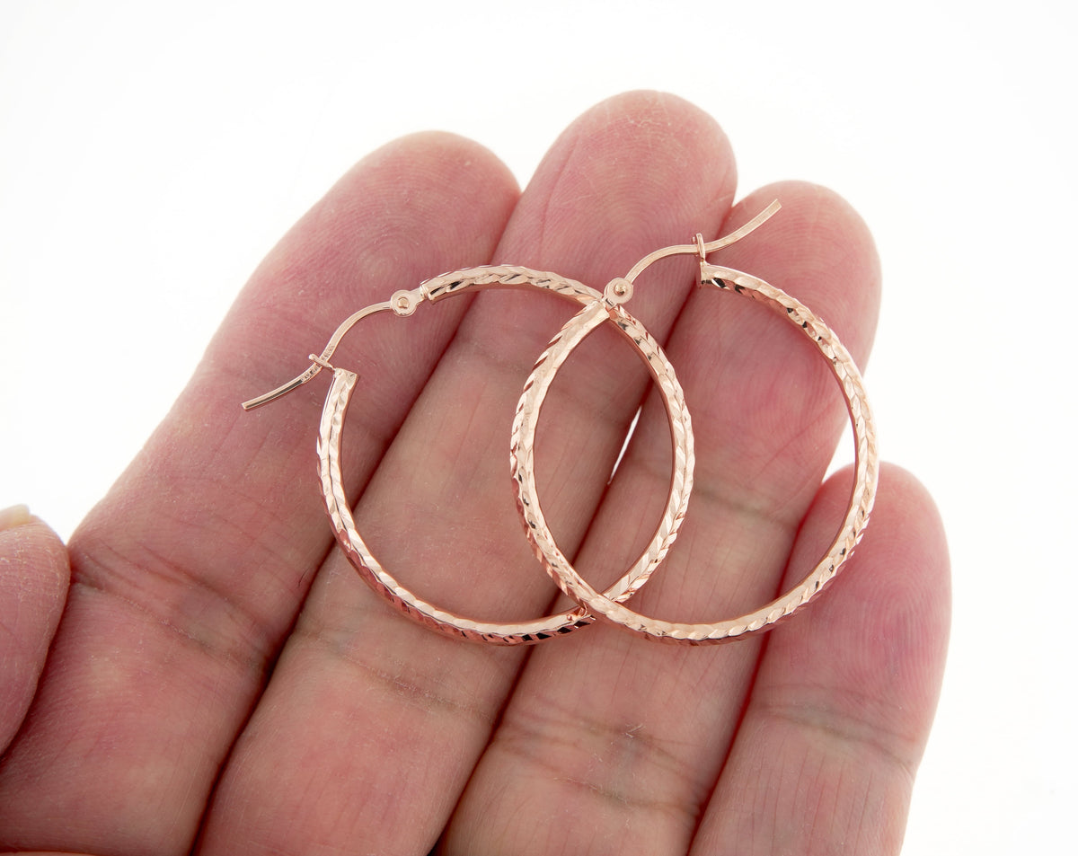 14k rose gold 30mm x 2mm diamond cut round hoop earrings
