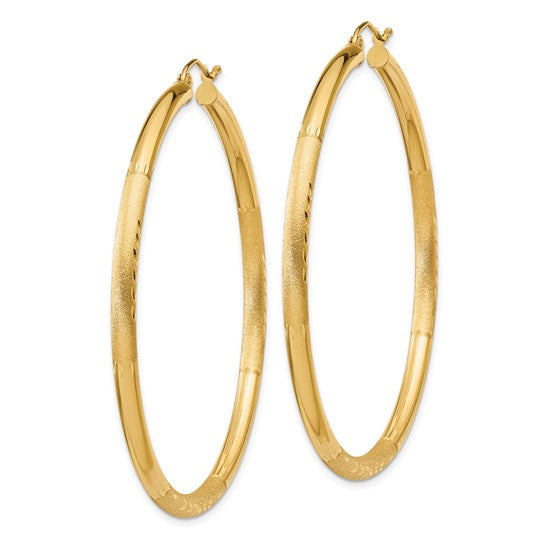 10k yellow gold satin diamond cut round hoop earrings 56mm x 3mm