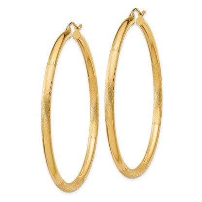 10k yellow gold satin diamond cut round hoop earrings 56mm x 3mm