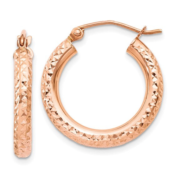 14k rose gold diamond cut textured classic round hoop earrings 20mm x 3mm