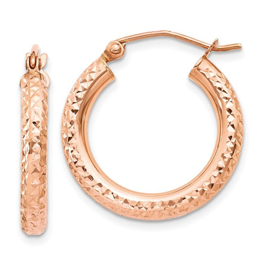 14k rose gold diamond cut textured classic round hoop earrings 20mm x 3mm