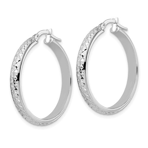 14k white gold diamond cut round hoop earrings 28mm x 4mm