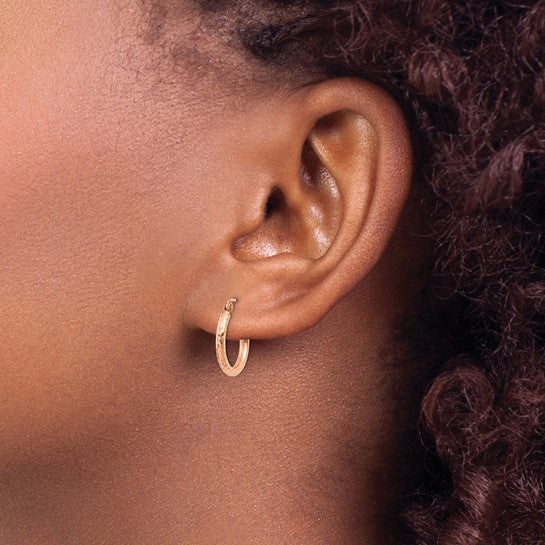 14K Rose Gold Diamond Cut Textured Classic Round Hoop Earrings 14mm x 2mm