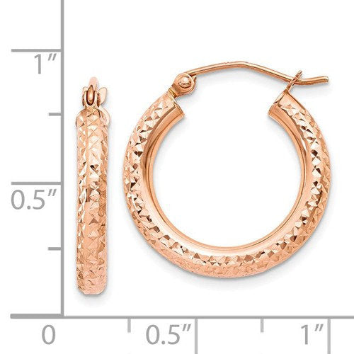 14k rose gold diamond cut textured classic round hoop earrings 20mm x 3mm