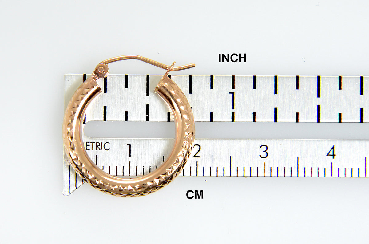 14k rose gold diamond cut textured classic round hoop earrings 20mm x 3mm