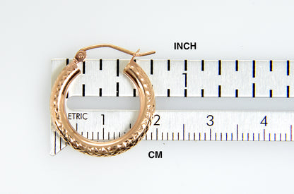 14k rose gold diamond cut textured classic round hoop earrings 20mm x 3mm