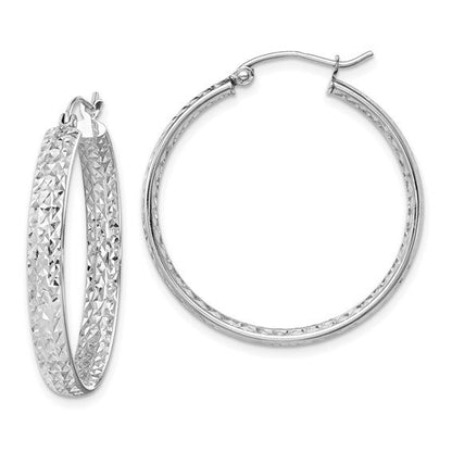 14k white gold diamond cut inside outside round hoop earrings 26mm x 3.75mm