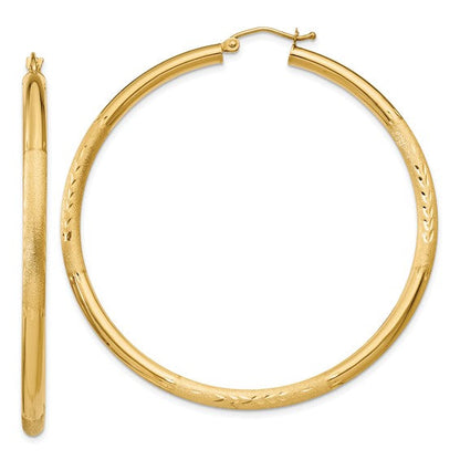 10k yellow gold satin diamond cut round hoop earrings 56mm x 3mm