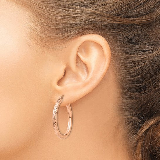 10k Rose Gold Diamond Cut Round Hoop Earrings 30mm x 3mm
