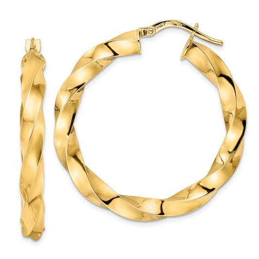 14k yellow gold twisted round hoop earrings 33mm x 4mm