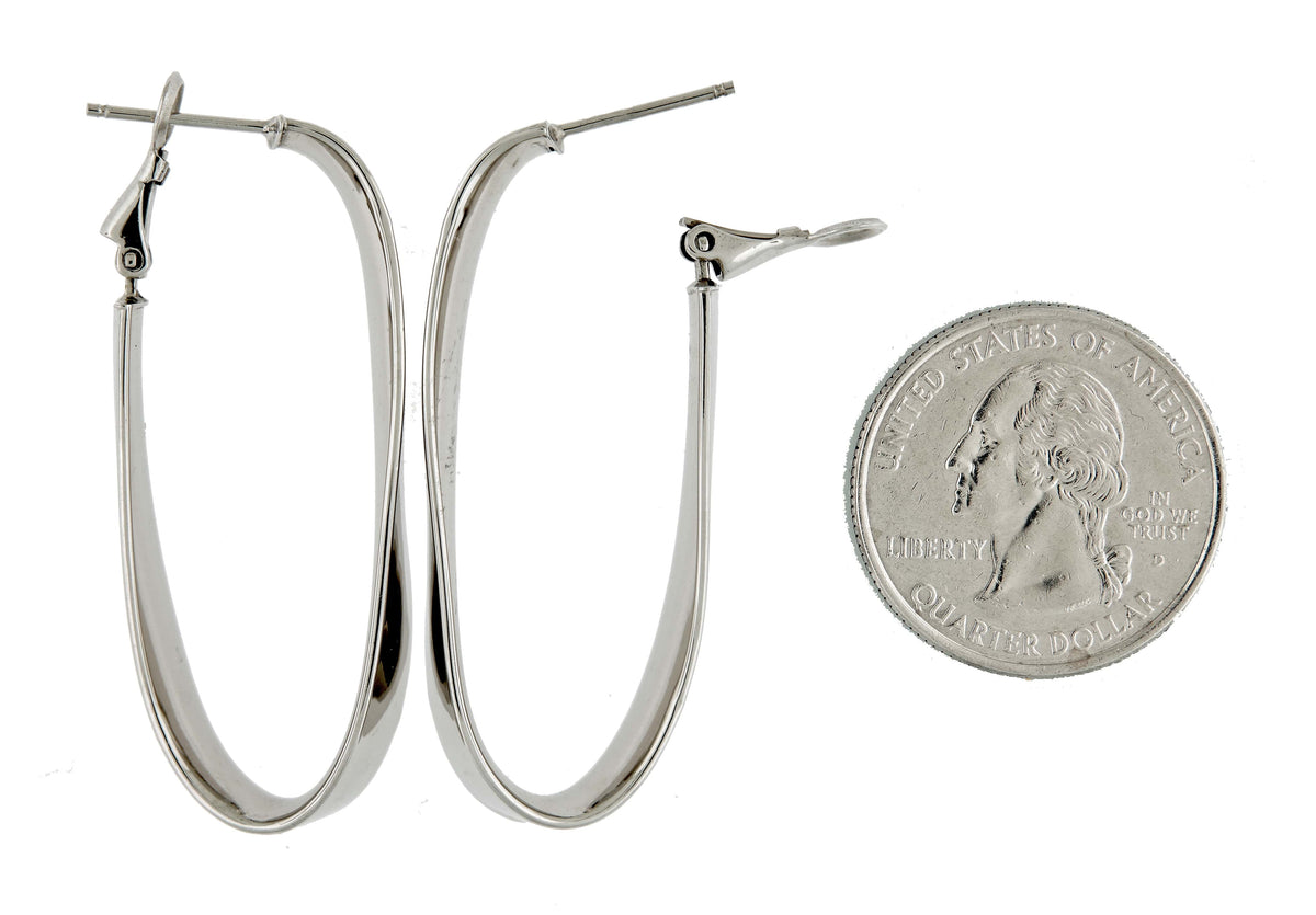 14k white gold twisted oval omega back hoop earrings 43mm x 19mm x 7mm