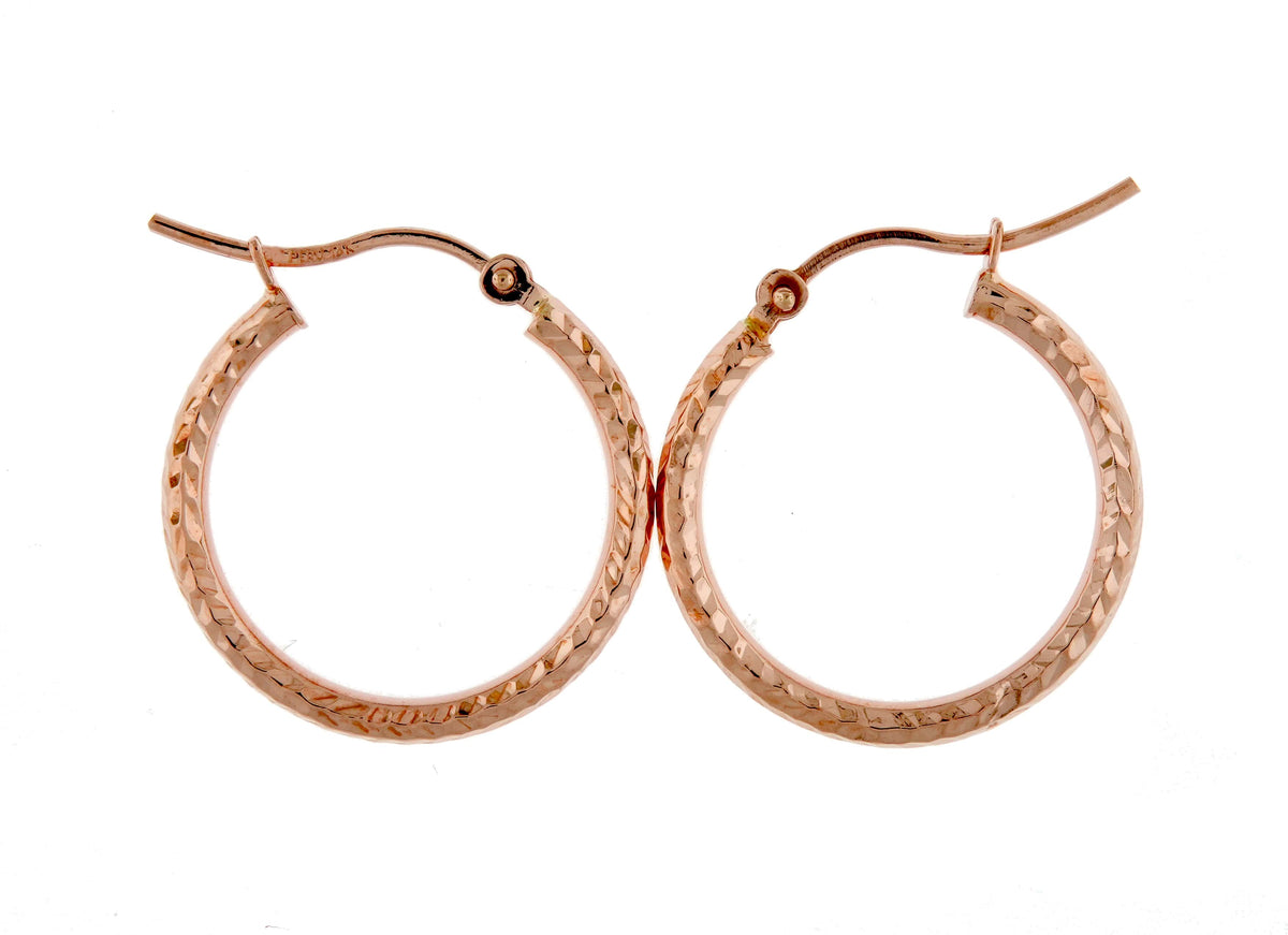 14k rose gold diamond cut textured classic round hoop earrings 20mm x 2mm