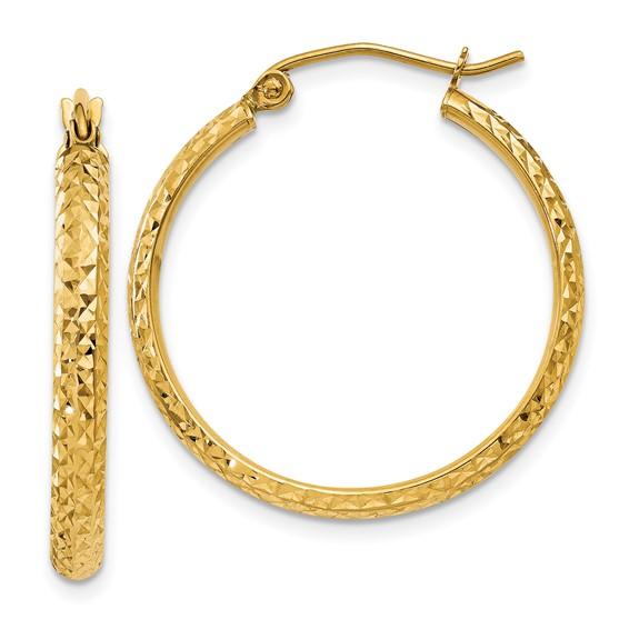 14k yellow gold diamond cut round hoop earrings 25mm x 2.5mm