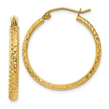 14k yellow gold diamond cut round hoop earrings 25mm x 2.5mm