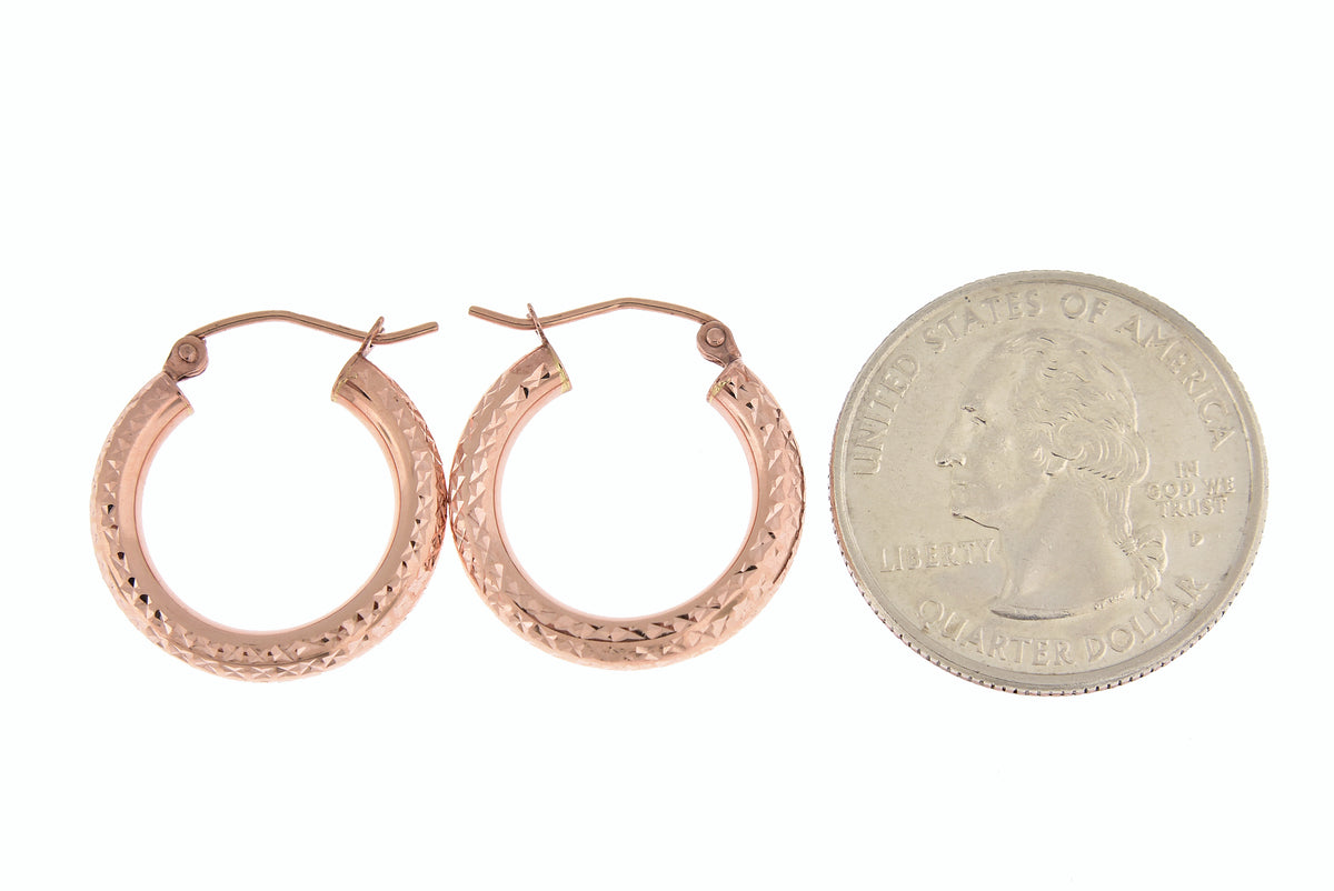 14k rose gold diamond cut textured classic round hoop earrings 20mm x 3mm
