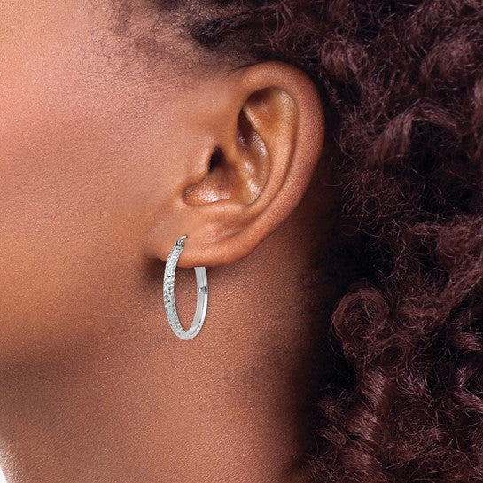 14k White Gold Diamond Cut Round Hoop Earrings 24mm x 2.5mm