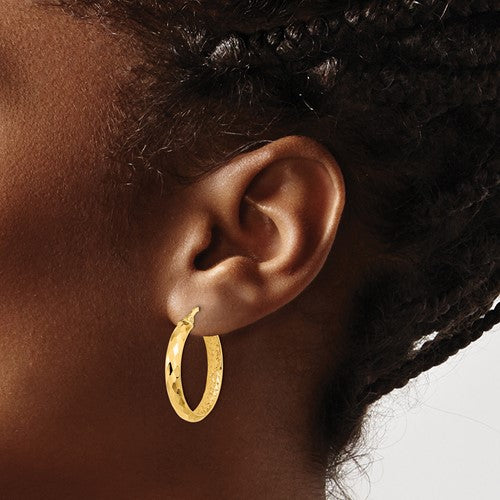 14k yellow gold diamond cut inside outside round hoop earrings 25mm x 3.75mm