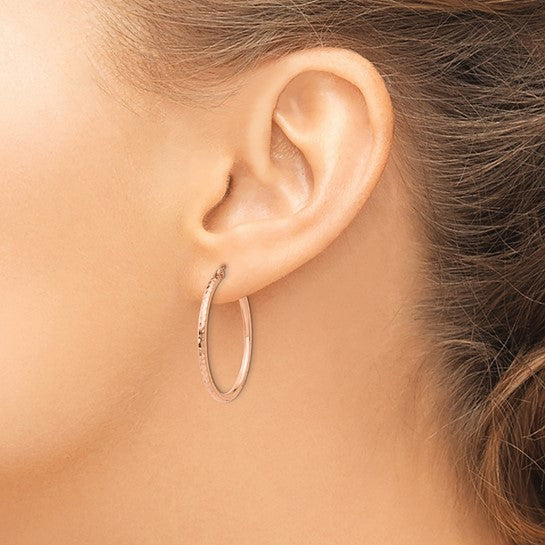 10k Rose Gold Diamond Cut Round Hoop Earrings 29mm x 2mm