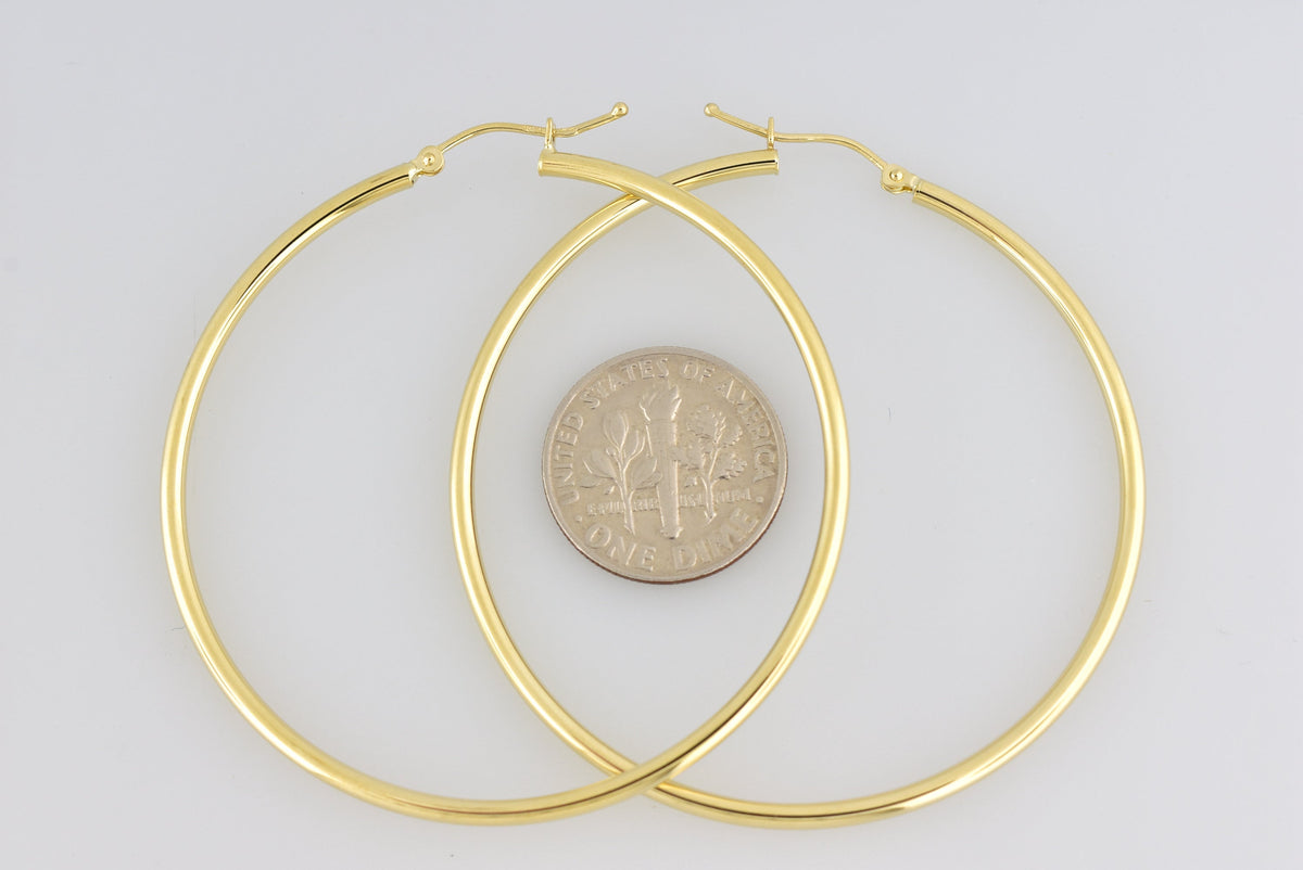 14K Yellow Gold 50mm x 2mm Lightweight Classic Round Hoop Earrings