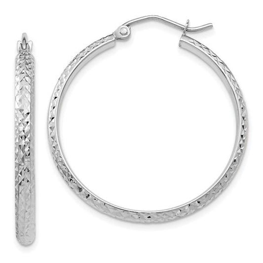 14k white gold diamond cut round hoop earrings 30mm x 2.5mm