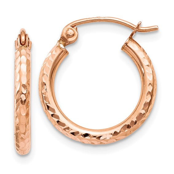 10k rose gold diamond cut round hoop earrings 14mm x 2mm