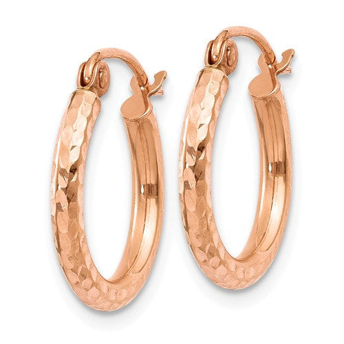 14k rose gold diamond cut textured classic round hoop earrings 14mm x 2mm