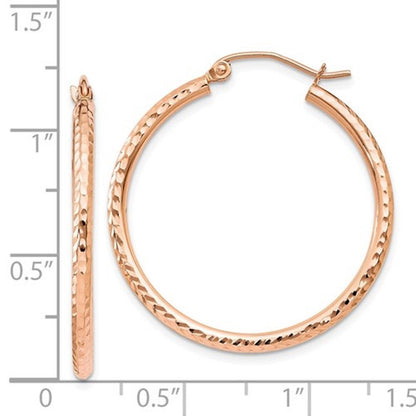 14k rose gold 30mm x 2mm diamond cut round hoop earrings
