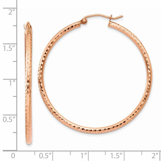 14k rose gold diamond cut textured classic round hoop earrings 40mm x 2mm