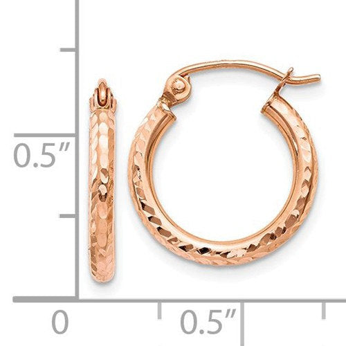 14K Rose Gold Diamond Cut Textured Classic Round Hoop Earrings 14mm x 2mm