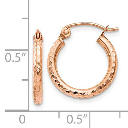 14k rose gold diamond cut textured classic round hoop earrings 14mm x 2mm