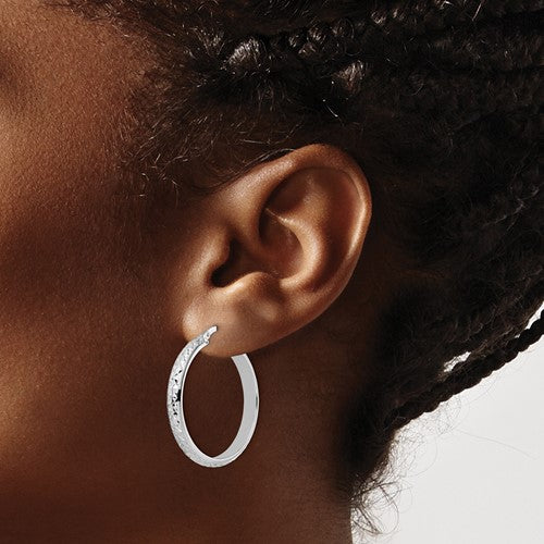 14k White Gold Diamond Cut Round Hoop Earrings 28mm x 4mm