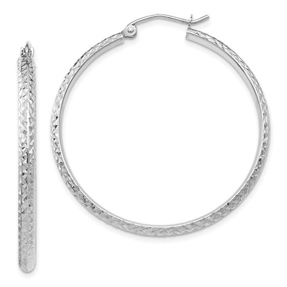 14k white gold diamond cut round hoop earrings 38mm x 2.5mm