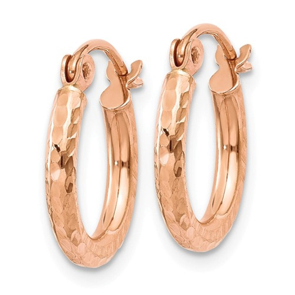 14k rose gold diamond cut textured classic round hoop earrings 13mm x 2mm
