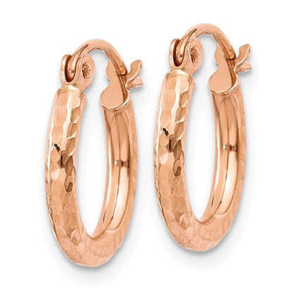 14k rose gold diamond cut textured classic round hoop earrings 13mm x 2mm