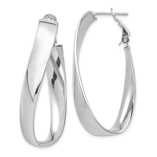 14k white gold twisted oval omega back hoop earrings 43mm x 19mm x 7mm