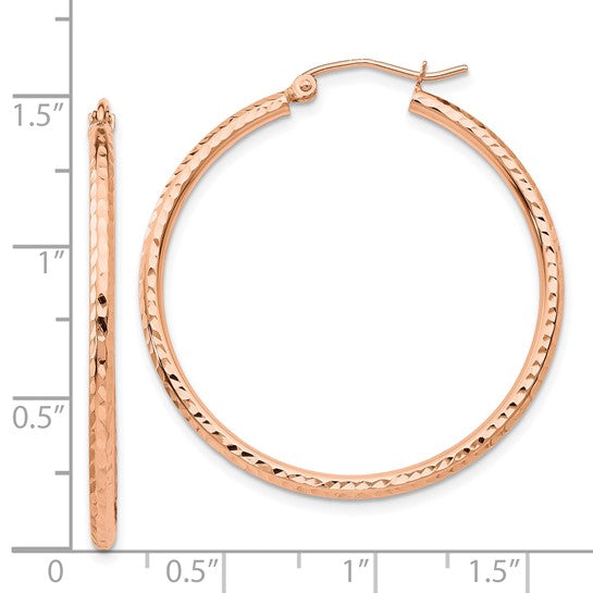 14k rose gold diamond cut textured classic round hoop earrings 35mm x 2mm