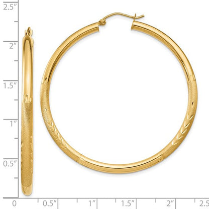 10k yellow gold satin diamond cut round hoop earrings 50mm x 3mm